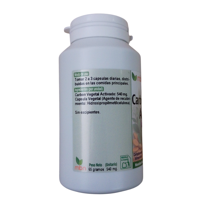 Etiqueta trasera de Carbón Vegetal Activado MBN 540 mg 120 cápsulas vegetales