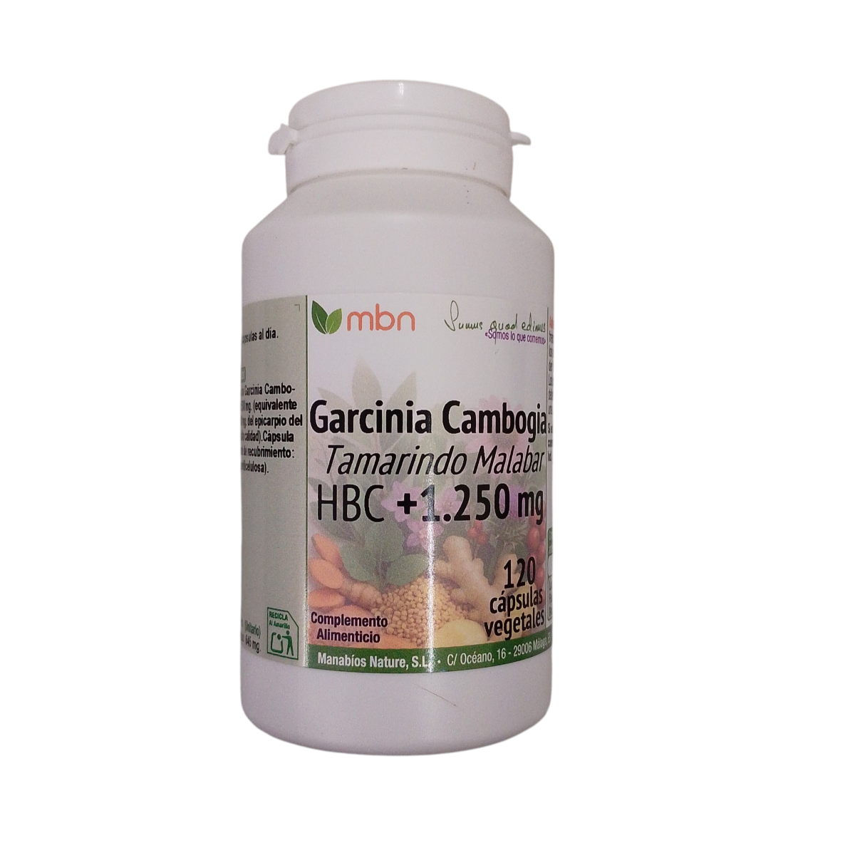 Envase frontal de Garcinia Cambogia Manabios 1250 mg 120 cápsulas vegetales