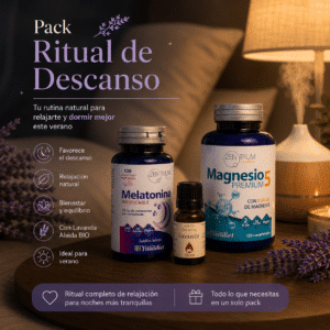 Pack Ritual de Descanso con Melatonina, Magnesio Premium y Aceite Esencial de Lavanda Aleida BIO en ambiente relajante nocturno