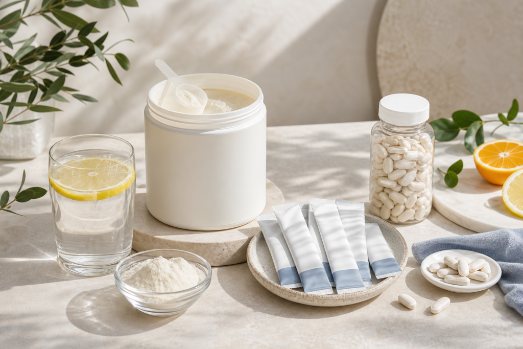 Suplementos en polvo y cápsulas con agua y limón sobre una mesa clara
