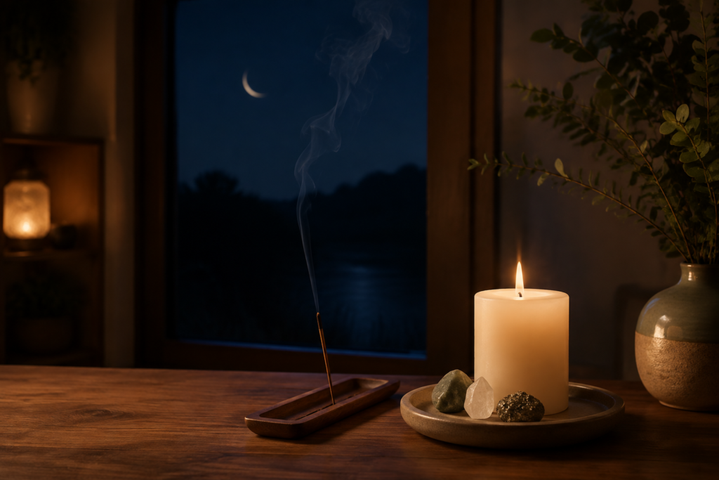 Ritual de Luna Nueva con vela, minerales e incienso