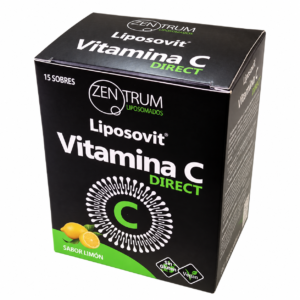 Caja de Liposovit Vitamina C Direct Zentrum de 15 sobres sobre fondo blanco